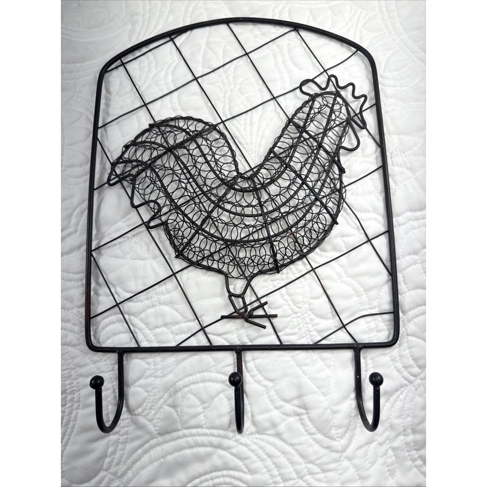 ROOSTER CHICKEN Metal Key Holder - Three Hooks for Hanging Misc Items 10" X 14"